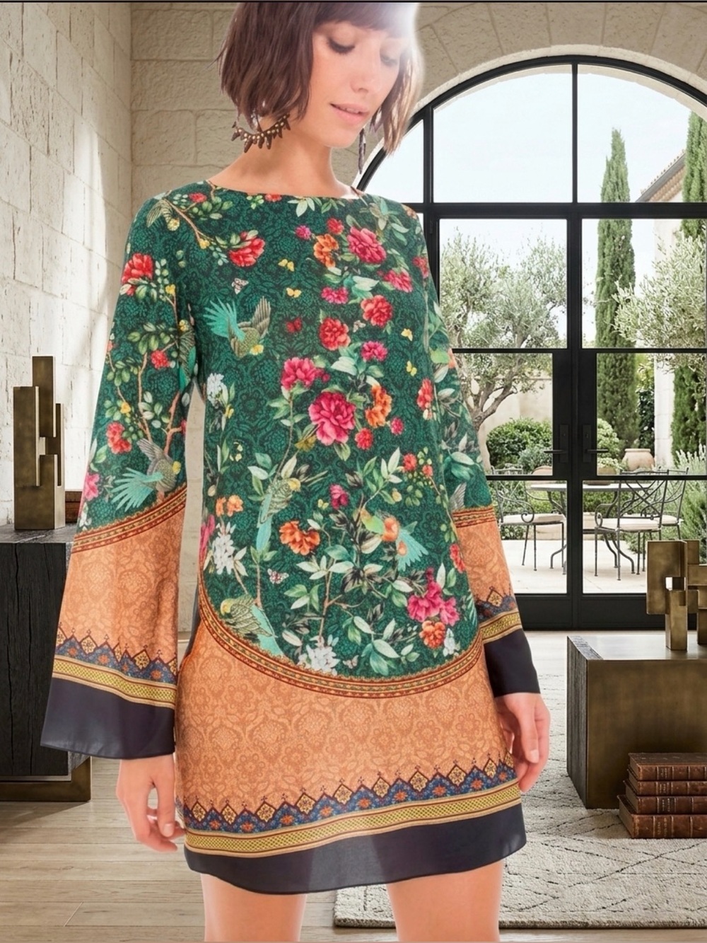 Farm Rio Boho Birds and Floral Border Print Tunic Dress